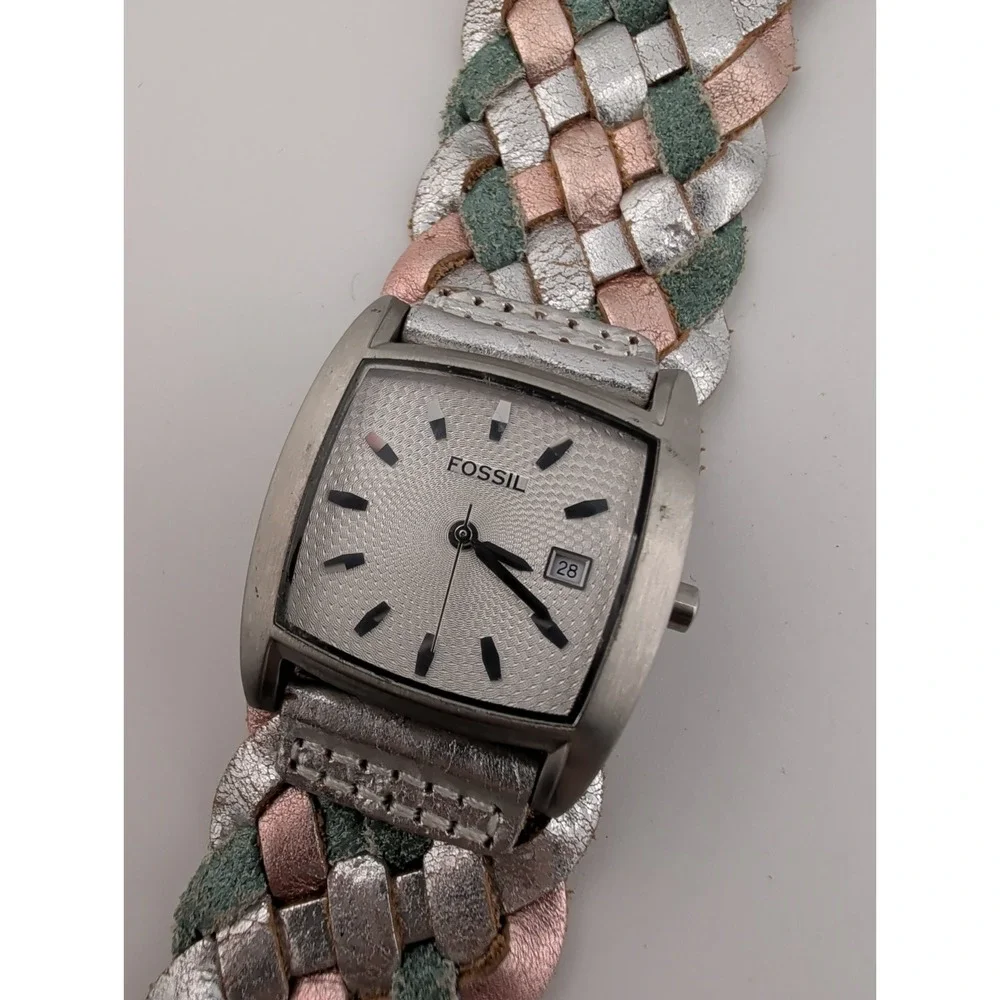 Fossil Women's Watch 30mm Silver Case Multicolor Woven Bund Strap- New Battery